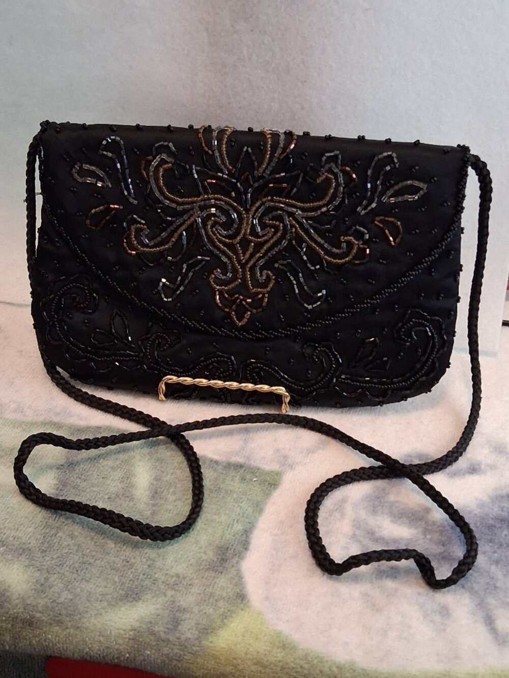 VTG Black Satin Beaded Evening Bag Convertible Crossbody Clutch Metallic Scroll